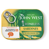 John West boneless sardines in sunflower oil 67g, imported from the UK