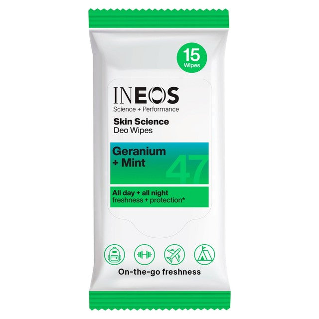 INEOS Deodorant Wipes Geranium Mint 15 Pack, UK version