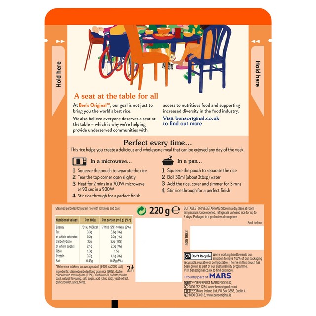 Ben's Original tomato & basil microwave rice 220g - British product