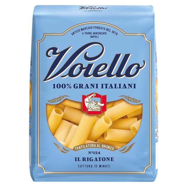 Voiello rigatoni durum wheat semolina pasta bag, UK version