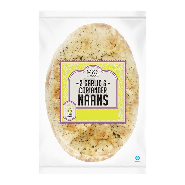 M&S garlic and coriander naan breads 2 pack, imported from the UK