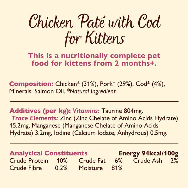 Lily's Kitchen chicken and cod pate kitten wet food 85g, UK version