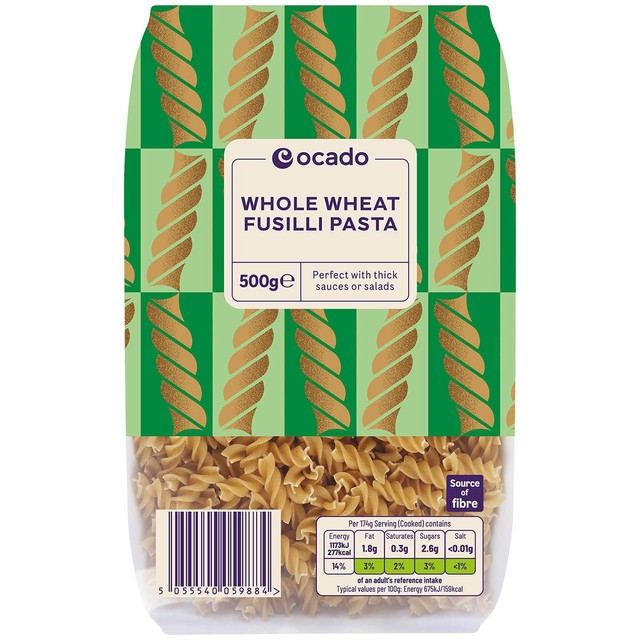 Ocado whole wheat fusilli pasta 500g, imported from the UK