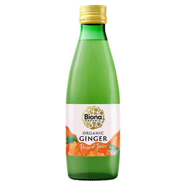 Biona organic ginger juice drink bottle, UK version