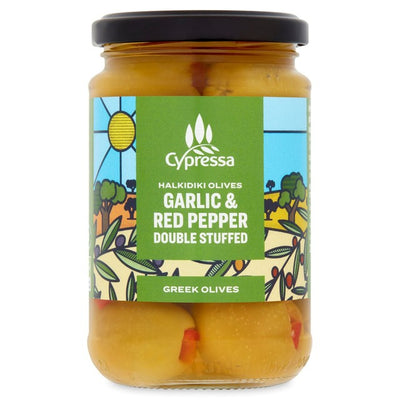 M&S Cypressa Garlic & Red Pepper Double Stuffed Halkidiki Pitted Green Olives 315g- Buy online at McGrocer