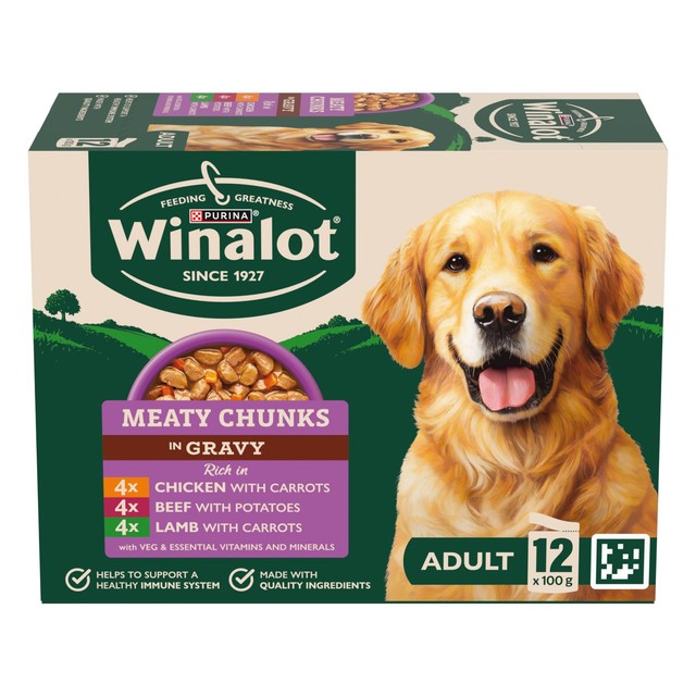 Winalot Meaty Chunks wet dog food pouches 12 x 100g (British brand)