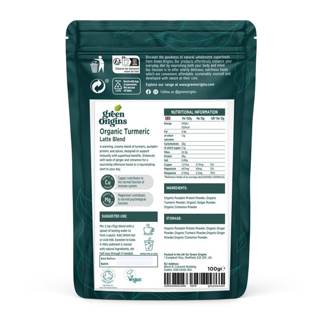 Green Origins Turmeric Latte Blend with Ginger and Cinnamon 100g, UK version