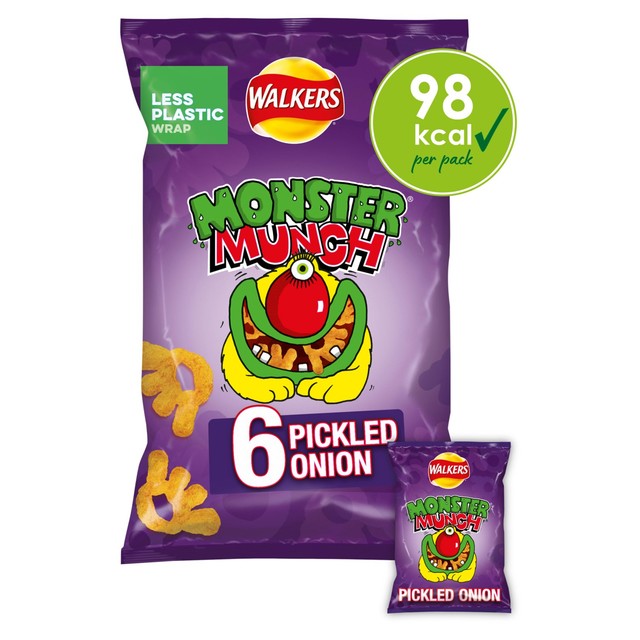Monster Munch Pickled Onion Baked Corn Snacks 6x20g, imported from the UK