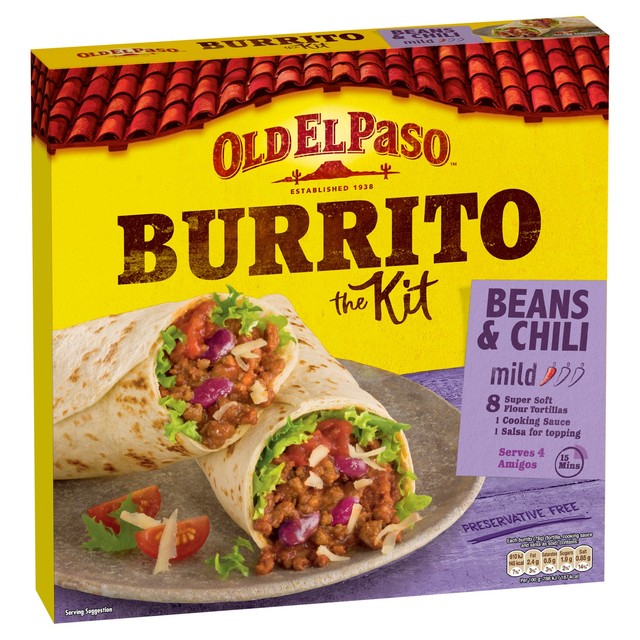 Old El Paso Mexican beans & beef chili mild burrito kit 620g, imported from the UK