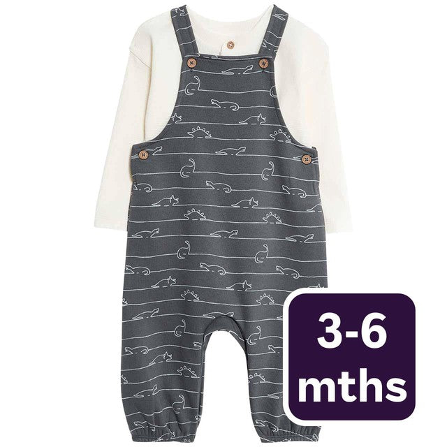M&S Dino baby dungarees set, Carbon, 3-6 months, imported from the UK