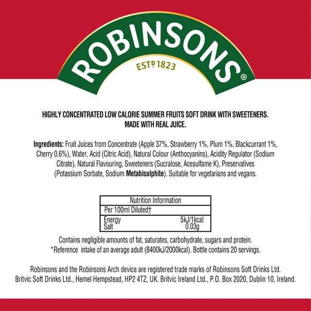 Robinsons Summer Fruits No Added Sugar Squash 66ml, imported from the UK