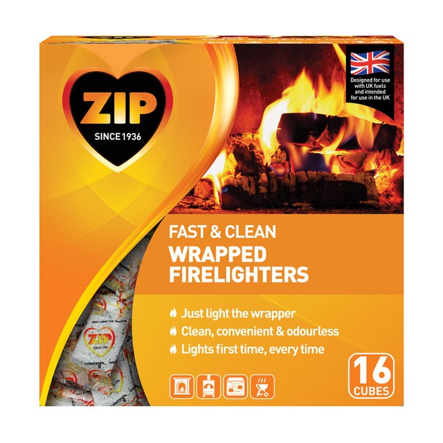 Zip odourless fast & clean wrapped firelighters 16 pack (British brand)