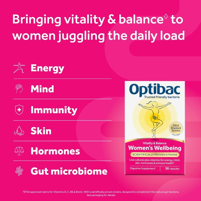 Optibac probiotics women's wellbeing supplement capsule jar, UK version