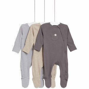 M&S Girls Cotton Striped & Plain Sleepsuits Newborn Mid Grey Baby Sleepsuits