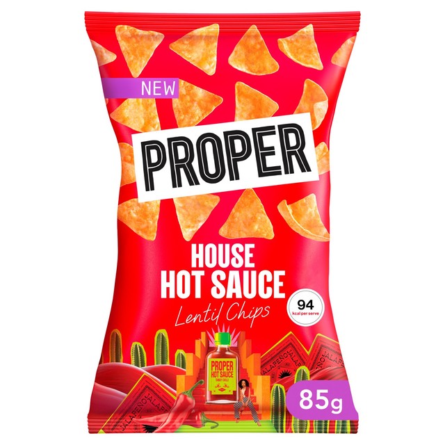 Properchips House Hot Sauce lentil chips, imported from the UK
