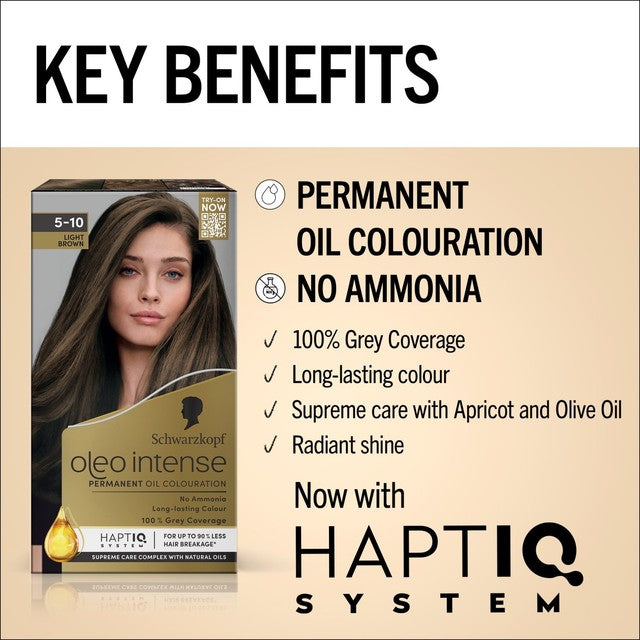 Schwarzkopf Oleo Intense Permanent Oil Colour 5-10 Light Brown hair dye (British brand)