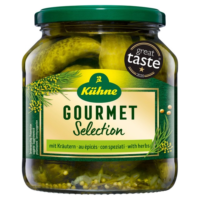 Kuhne gourmet gherkins with herbs 530g, UK version