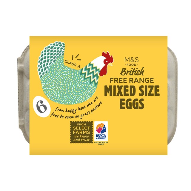 M&S free range mixed size eggs 6 pack, imported from the UK