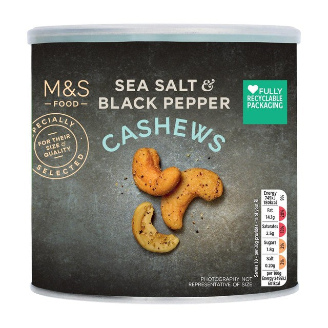 M&S Sea Salt Black Pepper Cashew Nuts 300g, imported from the UK