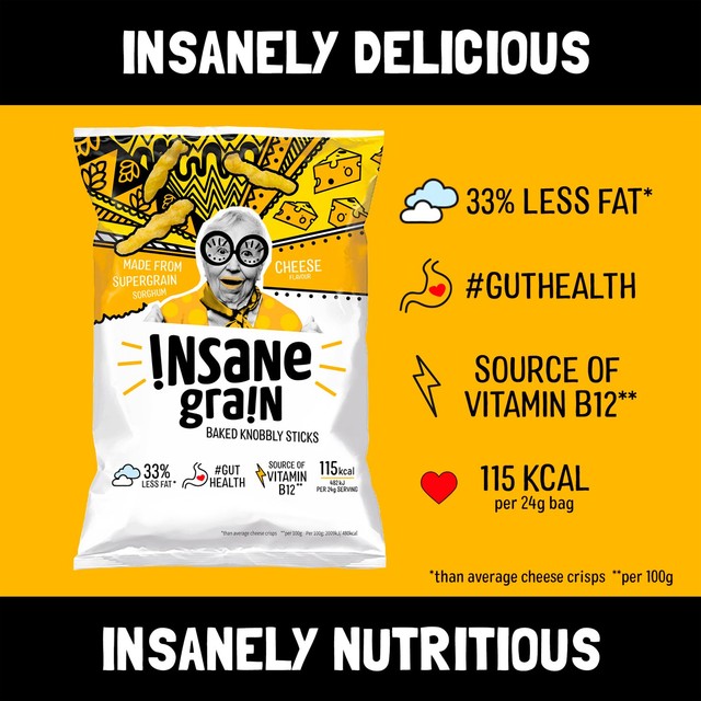 Insane Grain cheese flavour baked knobbly sticks savoury snack 80g, UK version