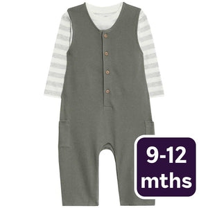 M&S Waffle Jersey Dungaree Khaki Baby Outfit Set 9-12 Months
