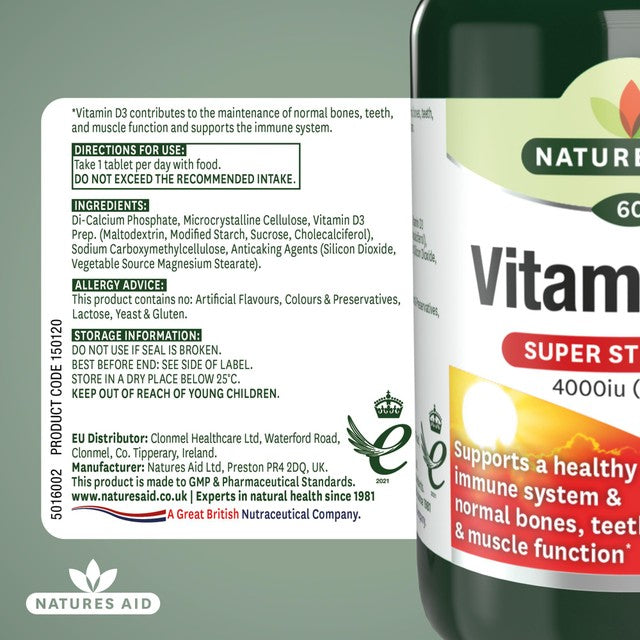 Natures Aid Super Strength Vitamin D3 4000iu tablets 60 pack, imported from the UK