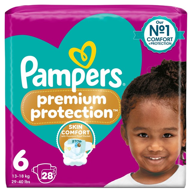 Pampers Premium Protection nappies Essential Pack Size 6 28 nappies, imported from the UK