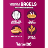 Warburtons cinnamon & raisin thin bagels 6 pack (British brand)