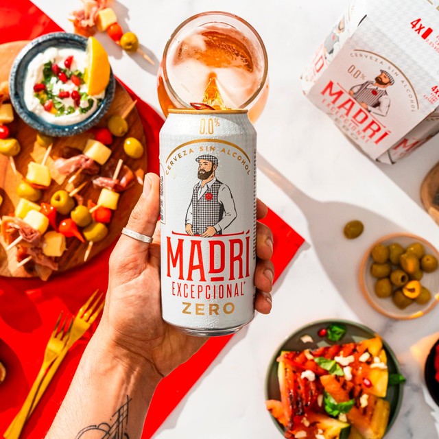 Madri Excepcional 0% lager can, imported from the UK