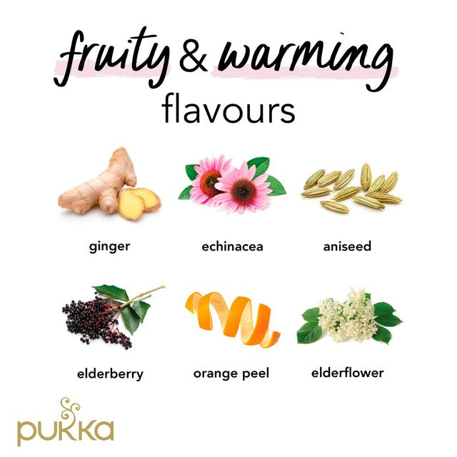 Pukka Herbs Elderberry and Echinacea fruit tea 20 compostable tea bags, imported from the UK