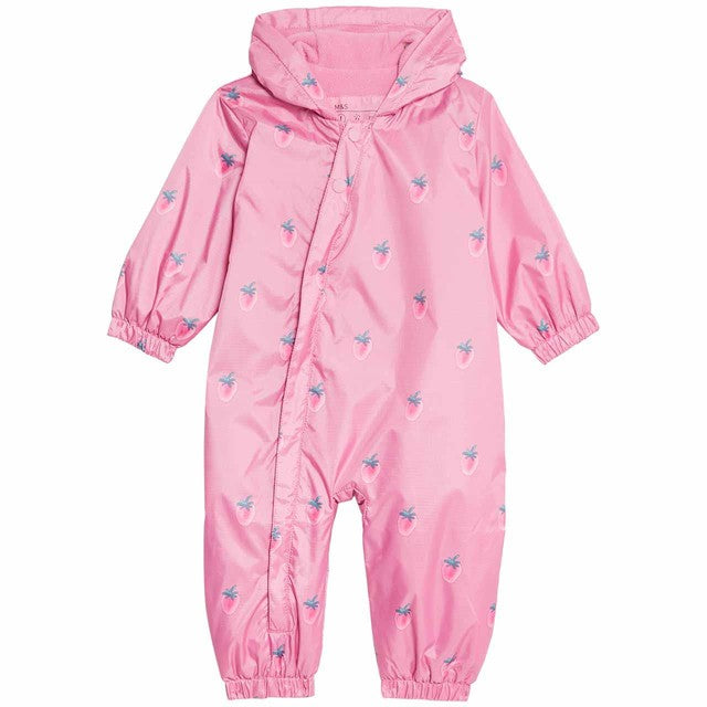 M&S girls strawberry hooded puddlesuit pink 9-12 months, imported from the UK