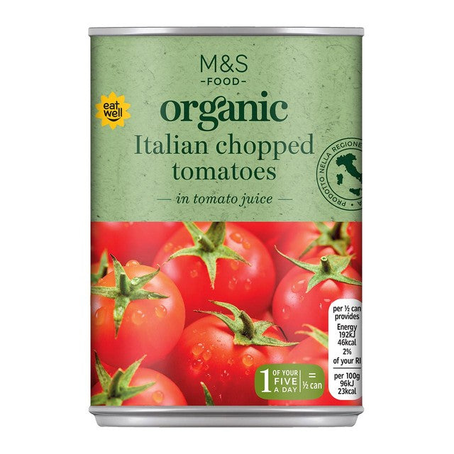 M&S organic Italian chopped tomatoes 400g can, imported from the UK