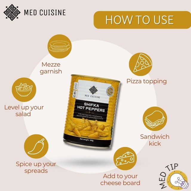 Med Cuisine Shifka hot yellow peppers 560g, imported from the UK