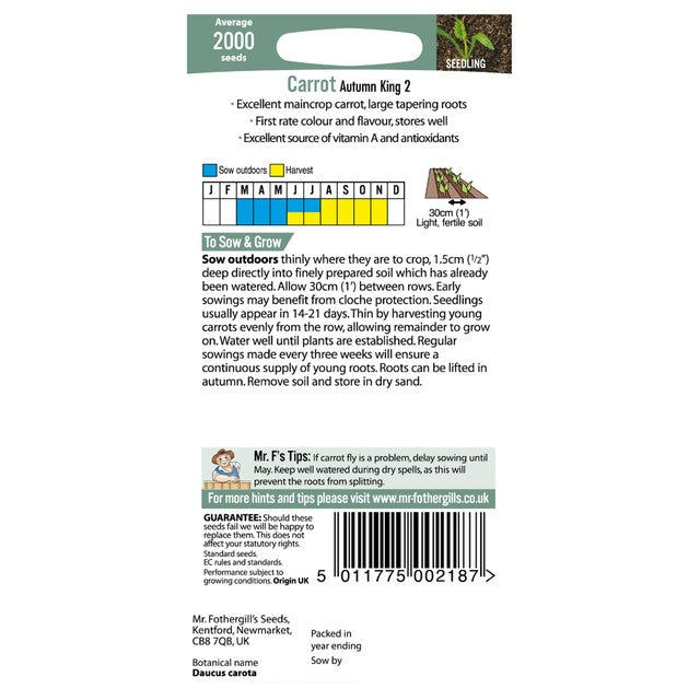 Mr Fothergill's Seeds Carrot Autumn King 2 seeds, imported from the UK