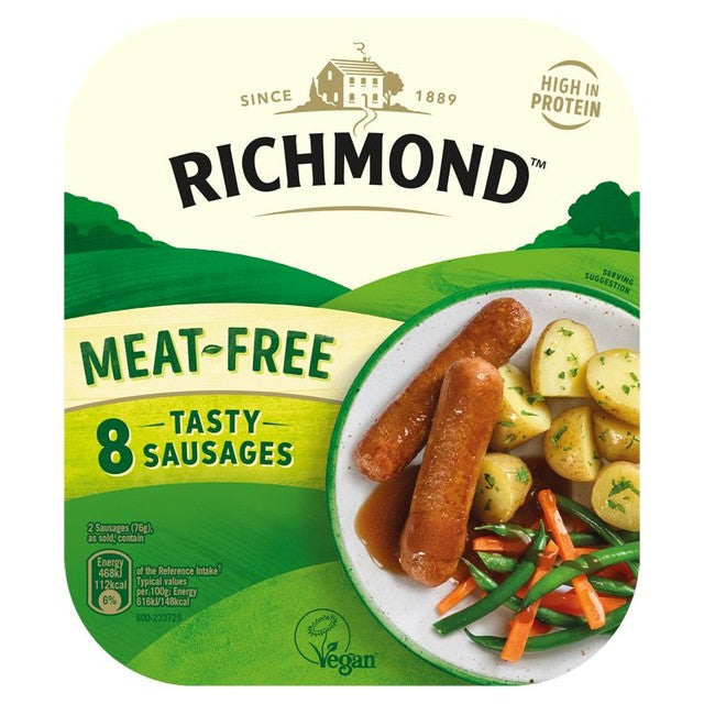 Richmond meat-free vegan sausages 304g pack, imported from the UK