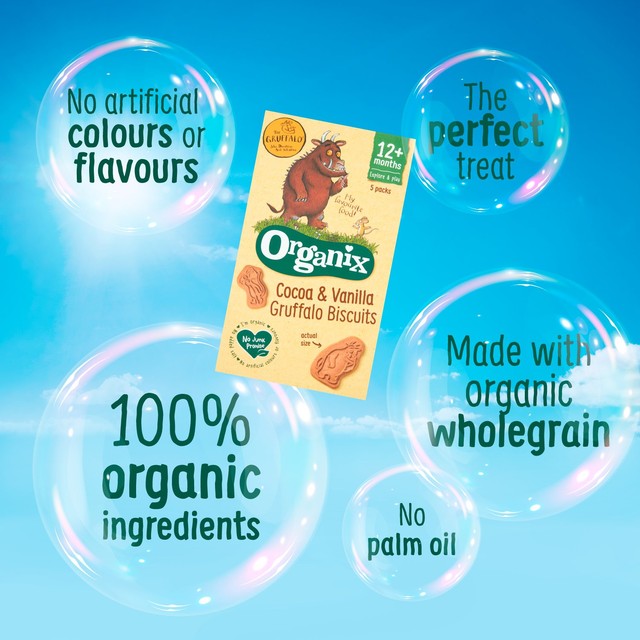 Organix Gruffalo cocoa and vanilla toddler biscuits 5 x 20g multipack, imported from the UK