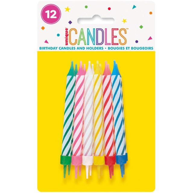Unique Party assorted striped birthday candles pack of 12 (British brand)