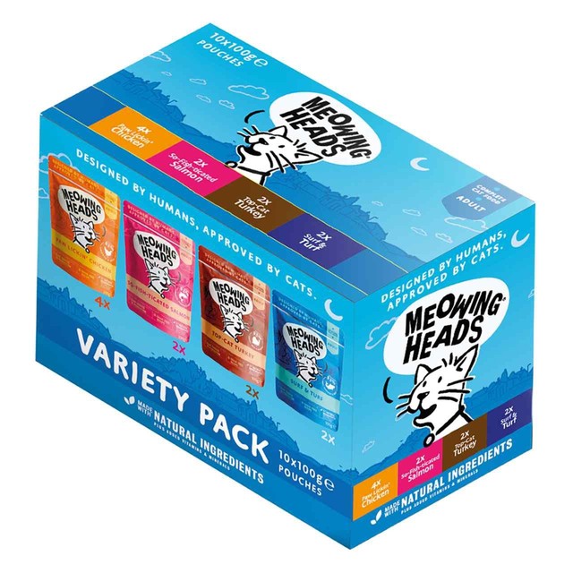 Meowing Heads wet cat food variety pack 10 x 100g, imported from the UK