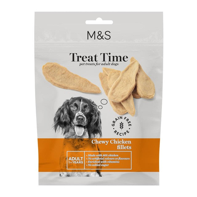 M&S chewy chicken fillets dog treats 70g, imported from the UK