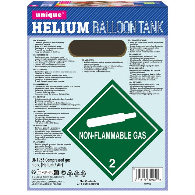 Unique Party helium cylinder for 20 9-inch balloons, UK version