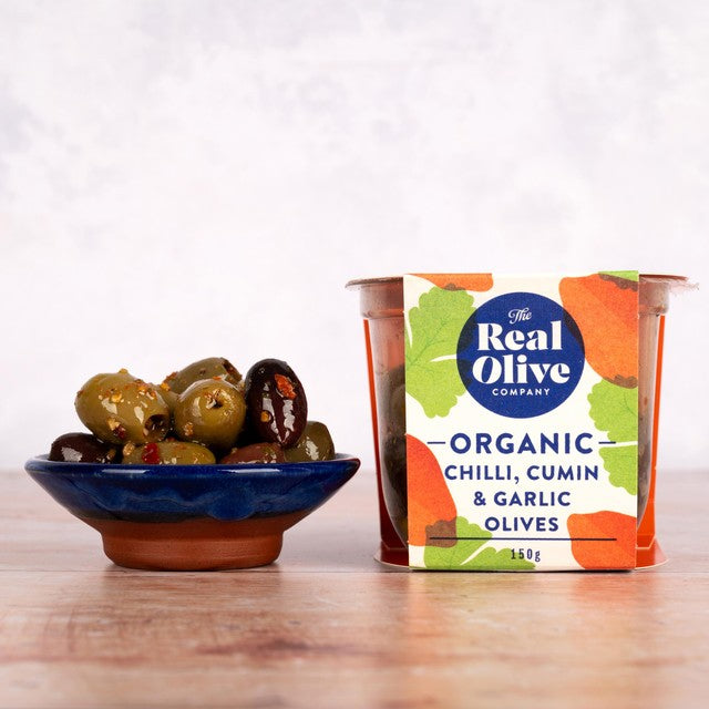 Real Olive Co. mixed olives 150g, imported from the UK