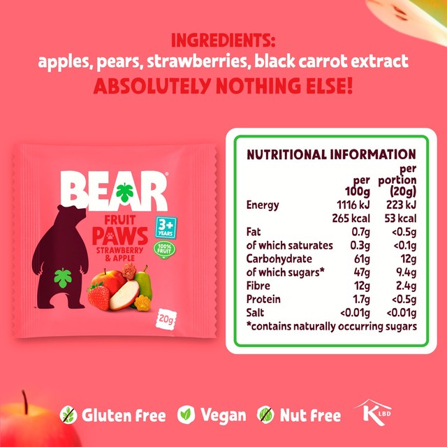 Bear Paws strawberry and apple fruit shapes 5x20g multipack - British product
