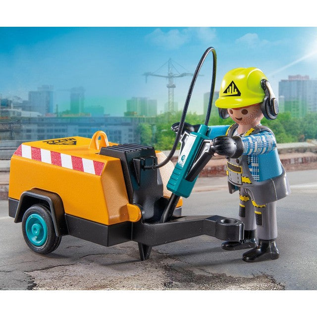 Playmobil construction worker with pneumatic drill toy, imported from the UK