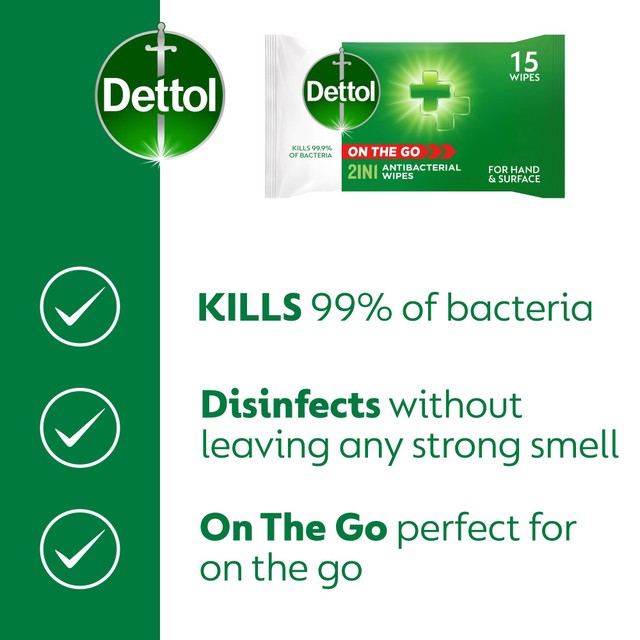 Dettol Antibacterial Wipes 2-in-1 Hands and Surfaces 15 Wipes - British product
