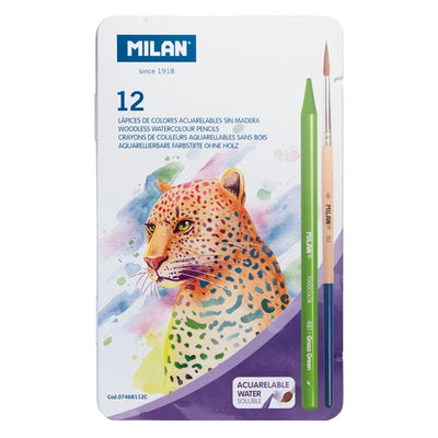 M&S Milan 12 Woodless Watersoluble Colour Pencils with Brush Art Set- Buy online at McGrocer