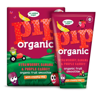Cartons de smoothies biologiques Pip Organic pour enfants, fraise, banane et carotte violette 4 x 180 ml