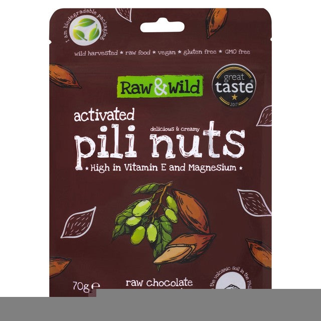 Raw & Wild Pili Nuts Chocolate Coconut 70g, imported from the UK
