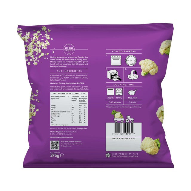 Strong Roots cauliflower hash browns 375g (British brand)