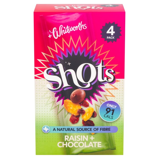 Whitworths Shots snack pack raisin and chocolate 4 x 25g (British brand)