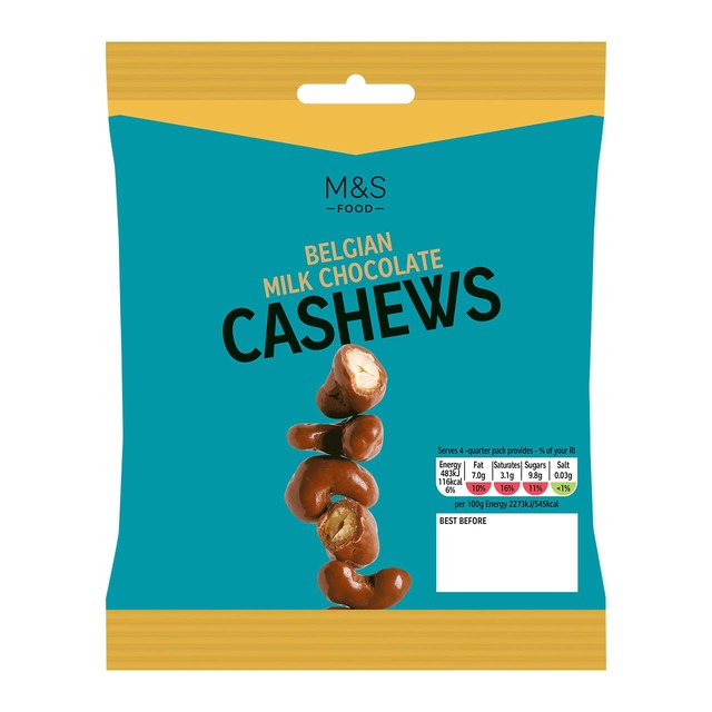 M&S Belgian milk chocolate cashews 85g, imported from the UK